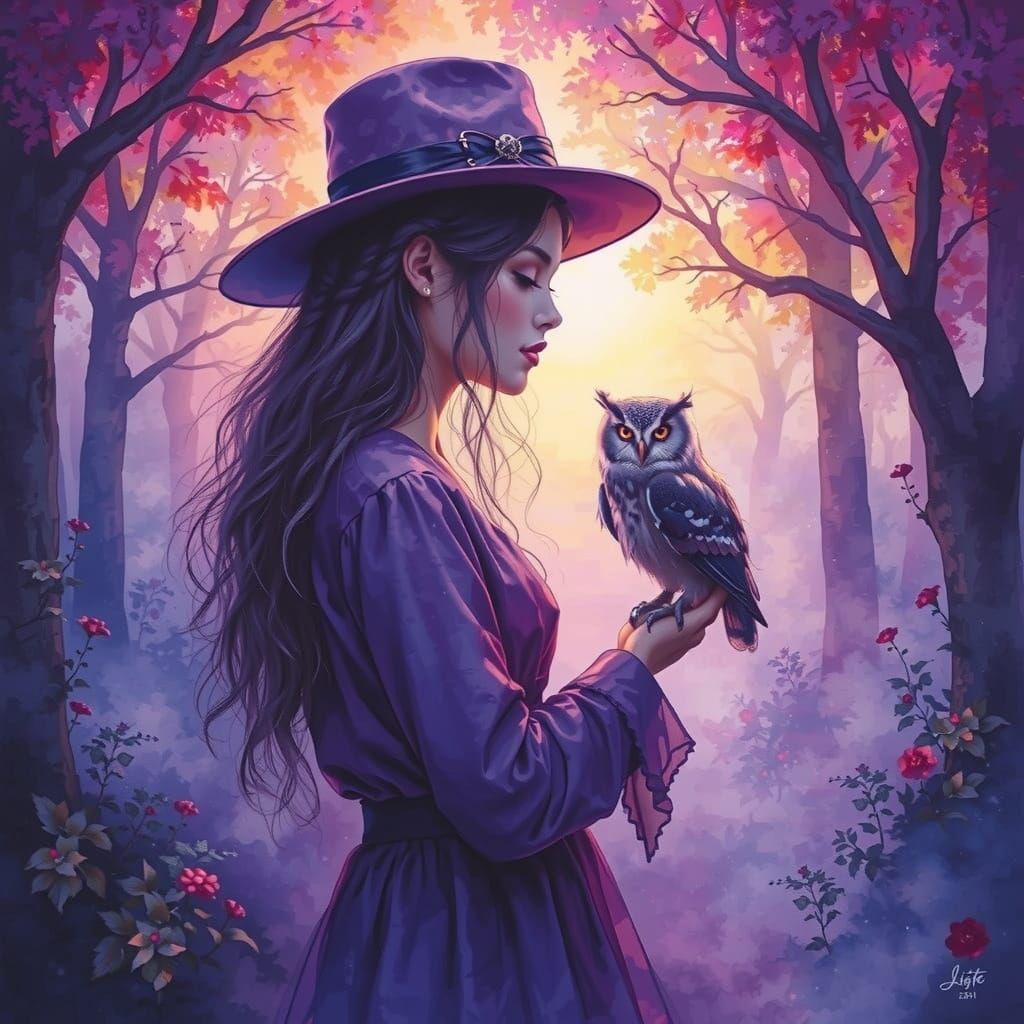 Mystical Girl with Owl in Whimsical Hues
