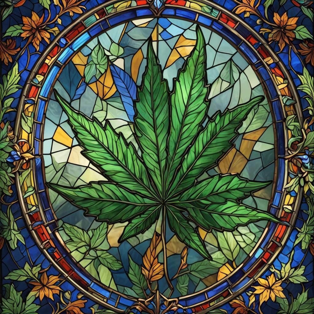 Ornate Stained Glass Cannabis Leaf Art