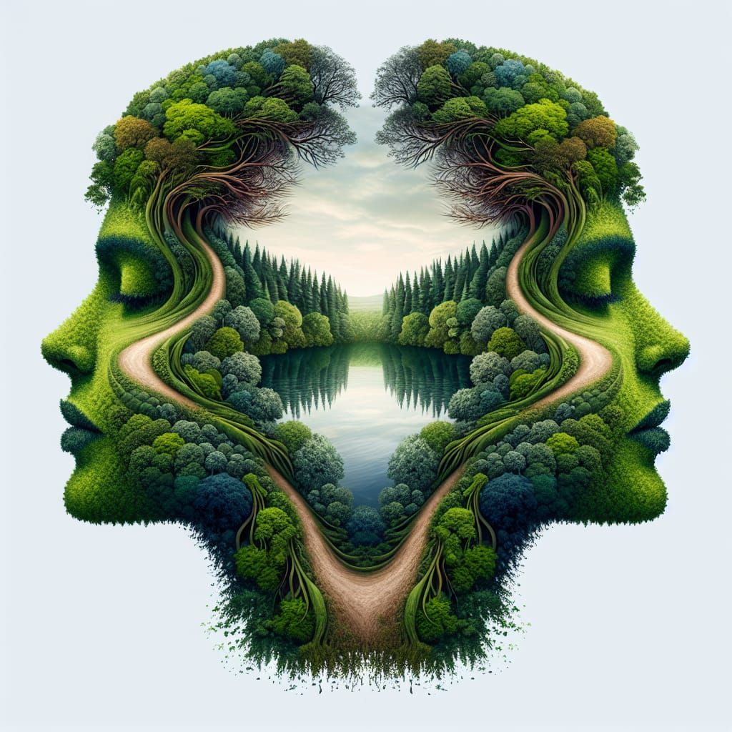 Surreal Landscape Faces Mirror Nature's Unity