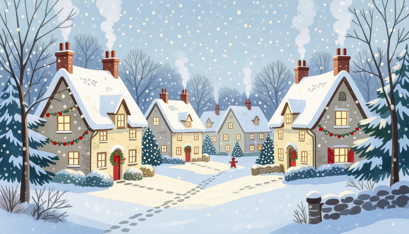 Whimsical Christmas Village Art in Folk Style