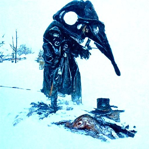 plague doctor in mediveal in cold heavy snow around dead bod...