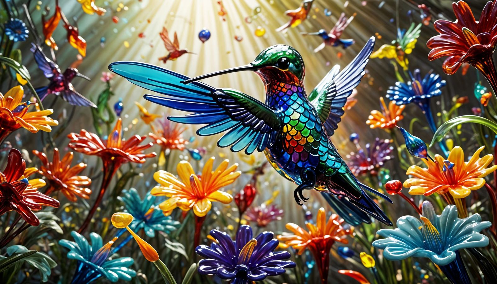 Vibrant Glass Hummingbird in Dale Chihuly's Signature Style