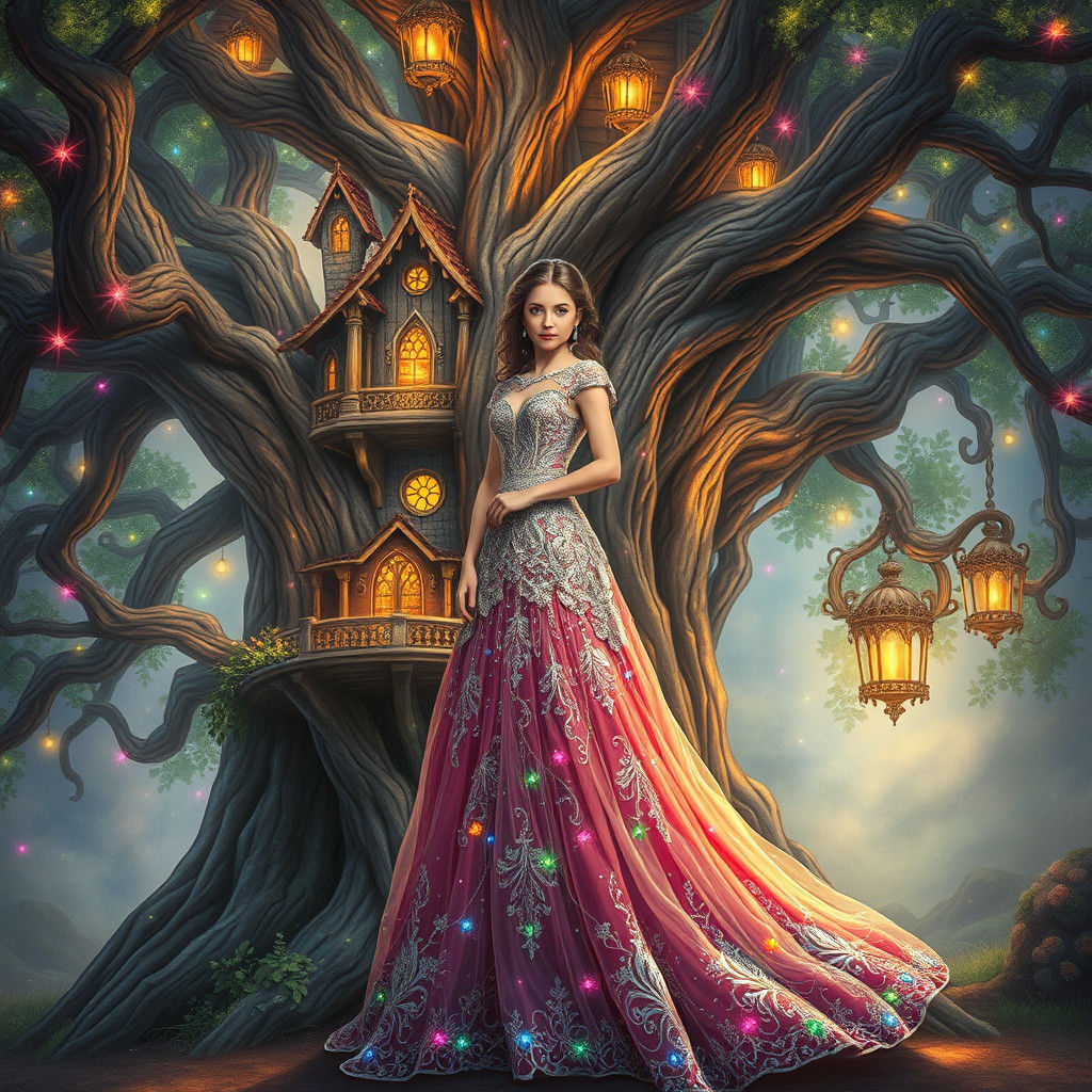 Woman in Jeweled Gown in Tree Castle