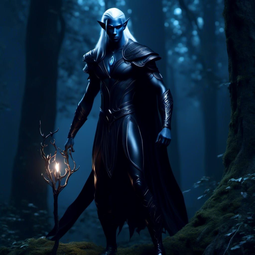 male drow elf witch with skin of a matte black so dark it seems to be a shadow of itself, in dark forest <lora:Gridrunne...