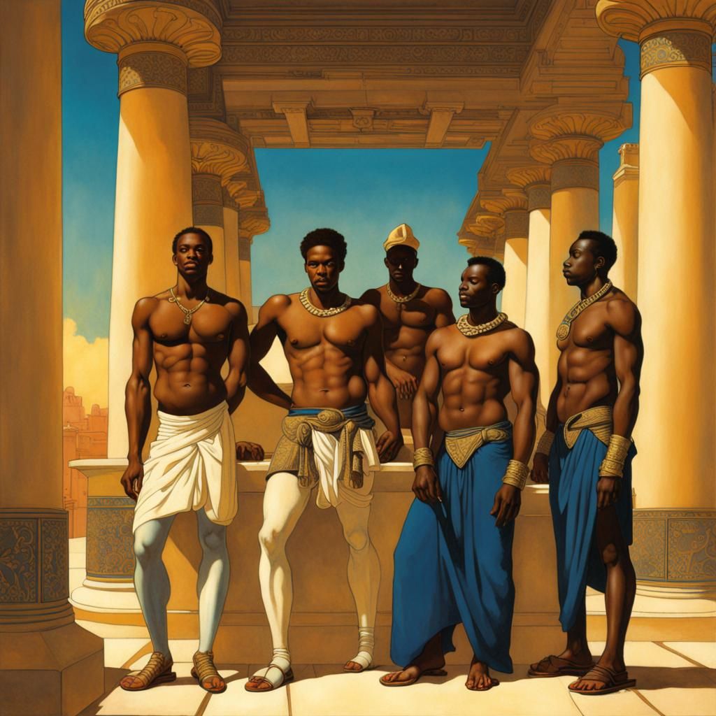 African Hunks in Egyptian Palace, Parrish Style