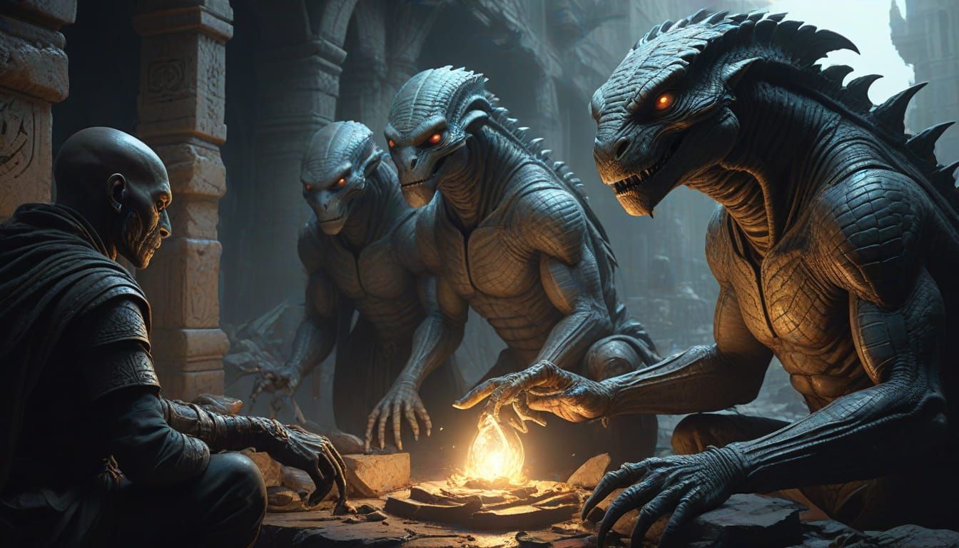 Reptilian Aliens Discover Artifact in Ruined City