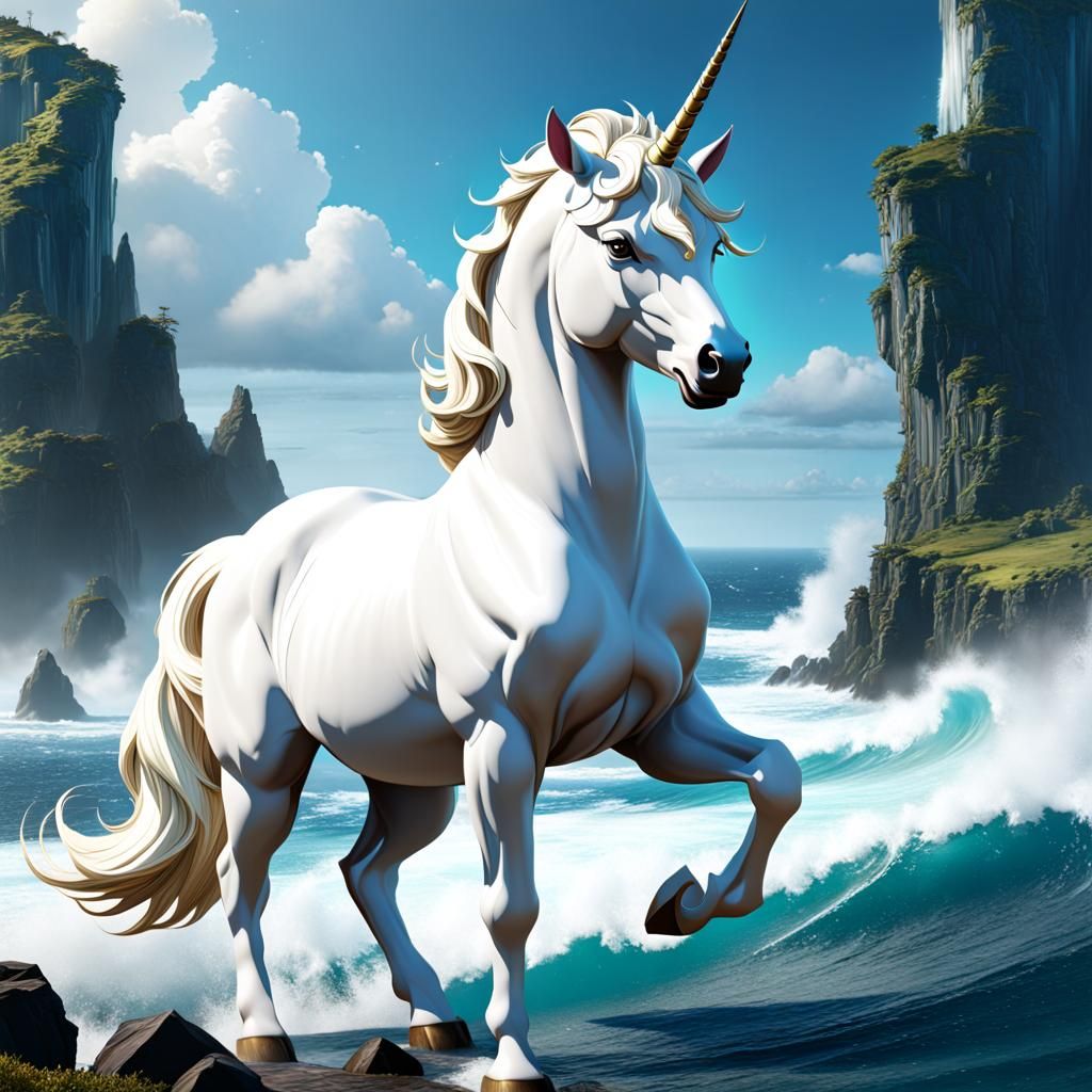 The Last Unicorn standing triumphantly after driving the rampaging Red Bull into the sea.