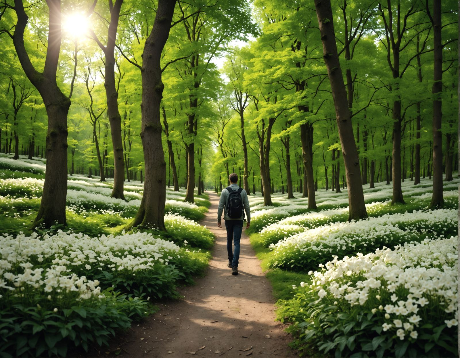 Man Walking in Forest Park with White Flowers