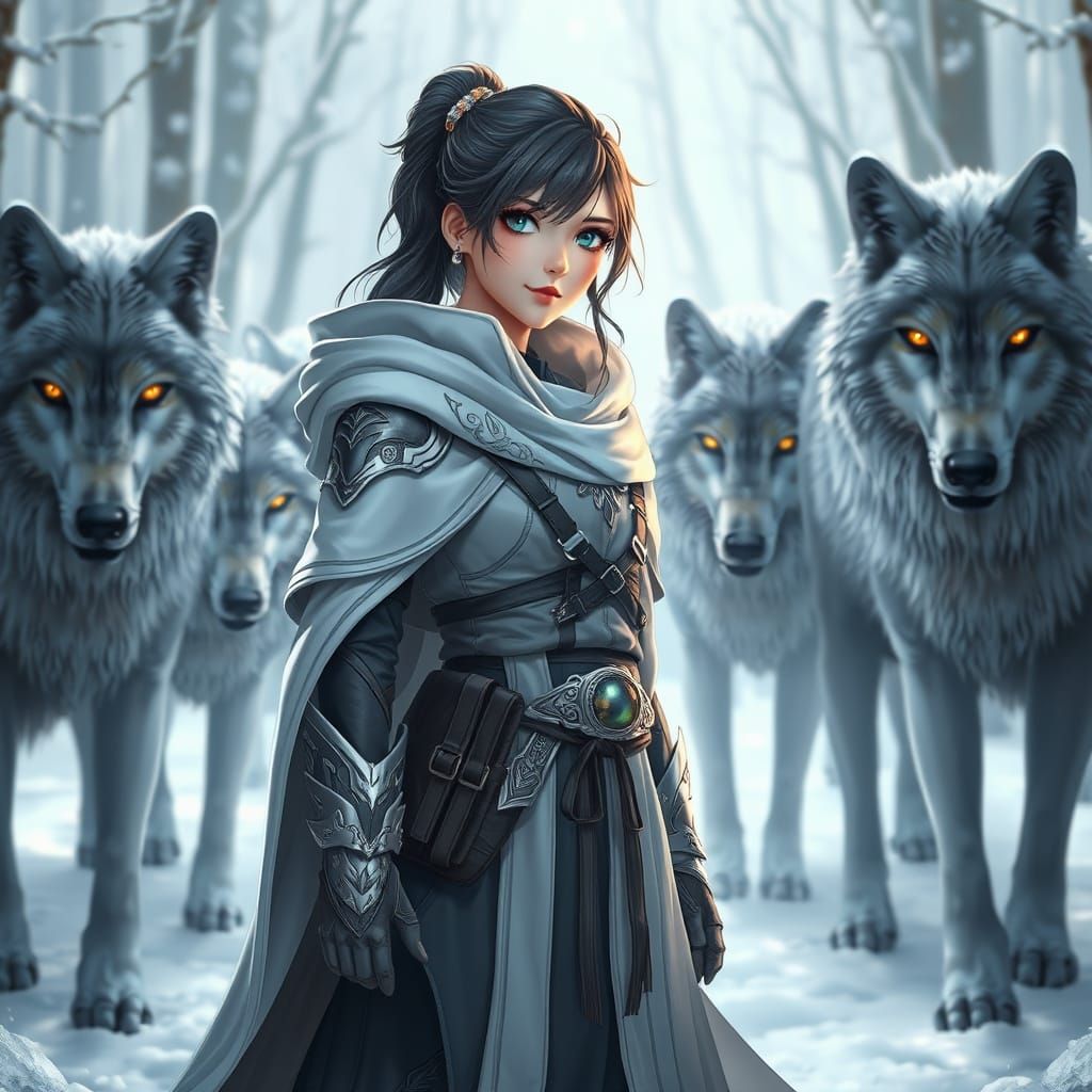 Serene Direwolf Pack Goddess in Snowy 3D Anime Art