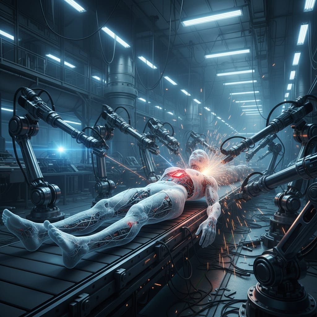 Robots Build Human on Futuristic Assembly Line
