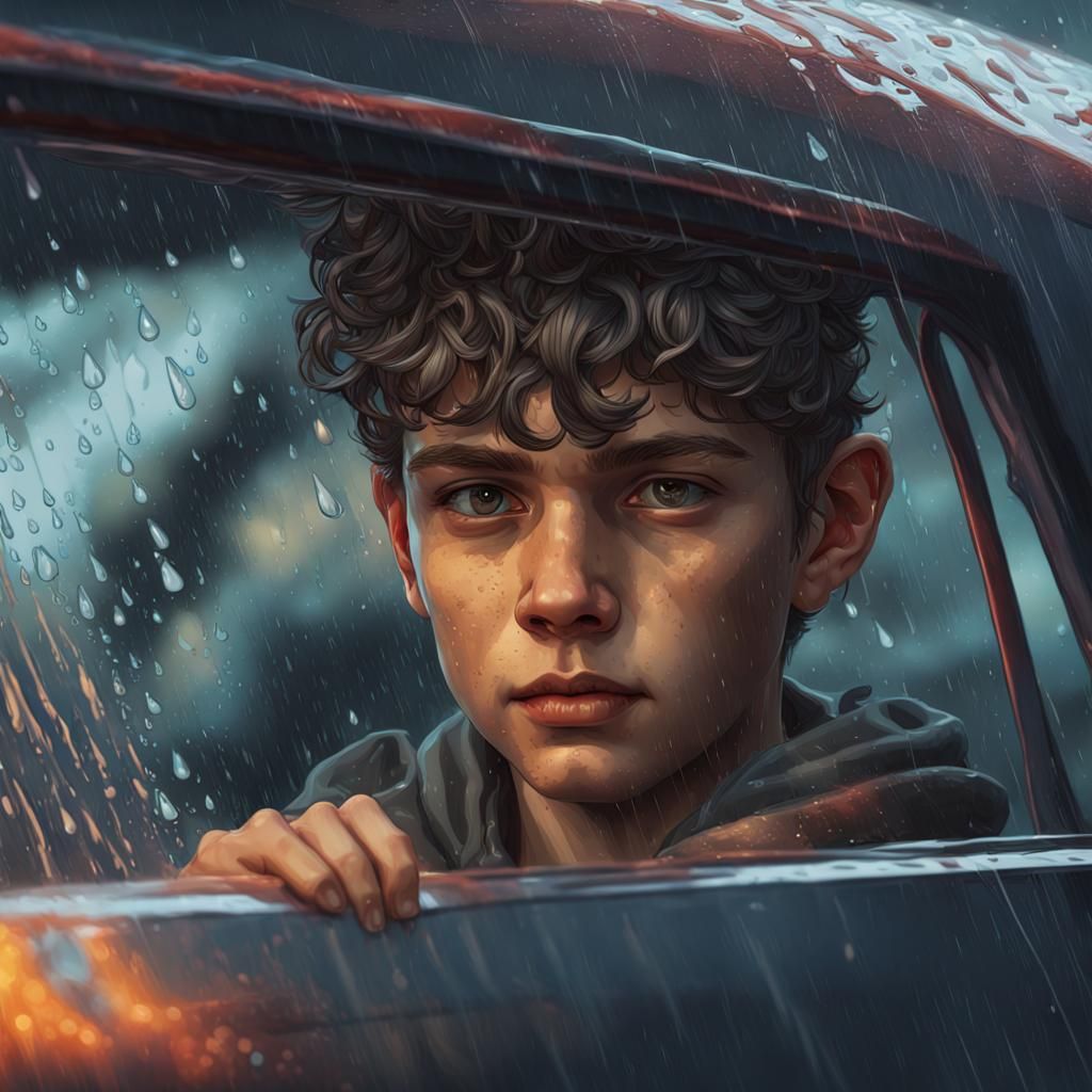 Rainy Reflection: Boy's Portrait in Hyperdetailed Style