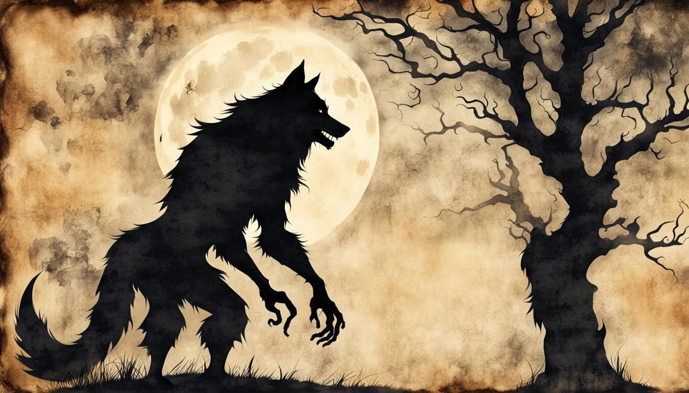 Werewolf Silhouette in Steampunk Ink Painting