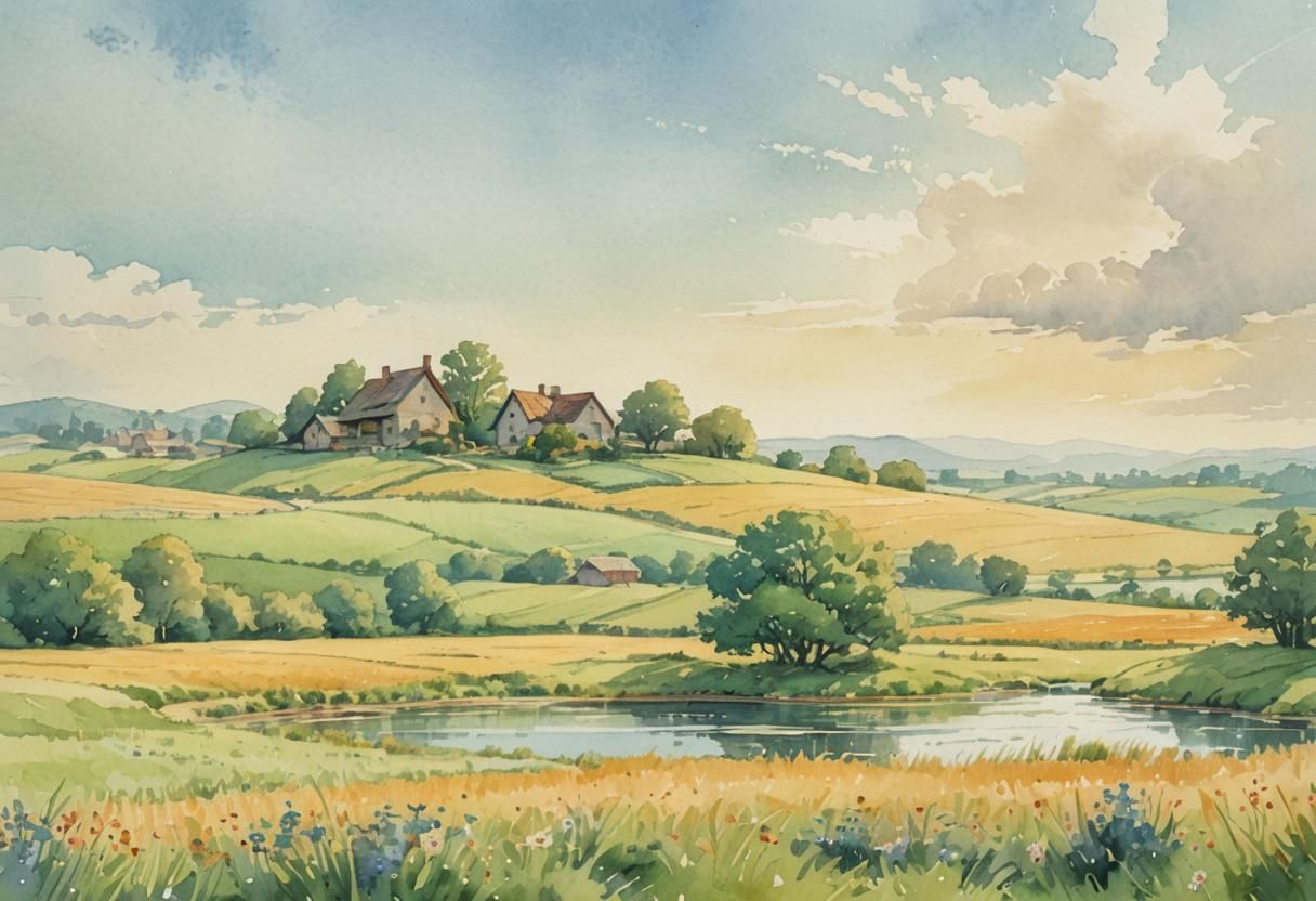 Watercolor Village Landscape in Comic Book Style