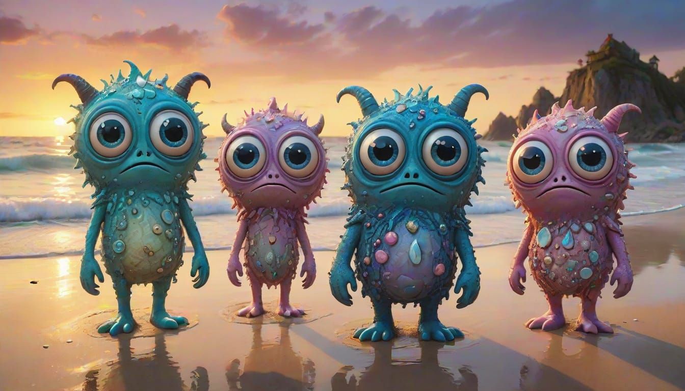 Surreal Beach Scene with Whimsical Monsters in a Bittersweet...