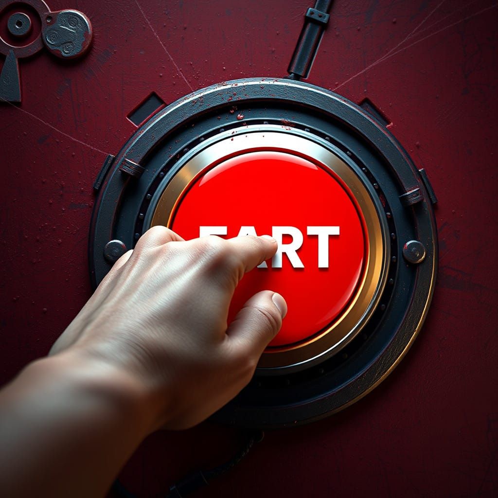 A Hand Points at a Vibrant Red Fart Button in Intricate Fant...