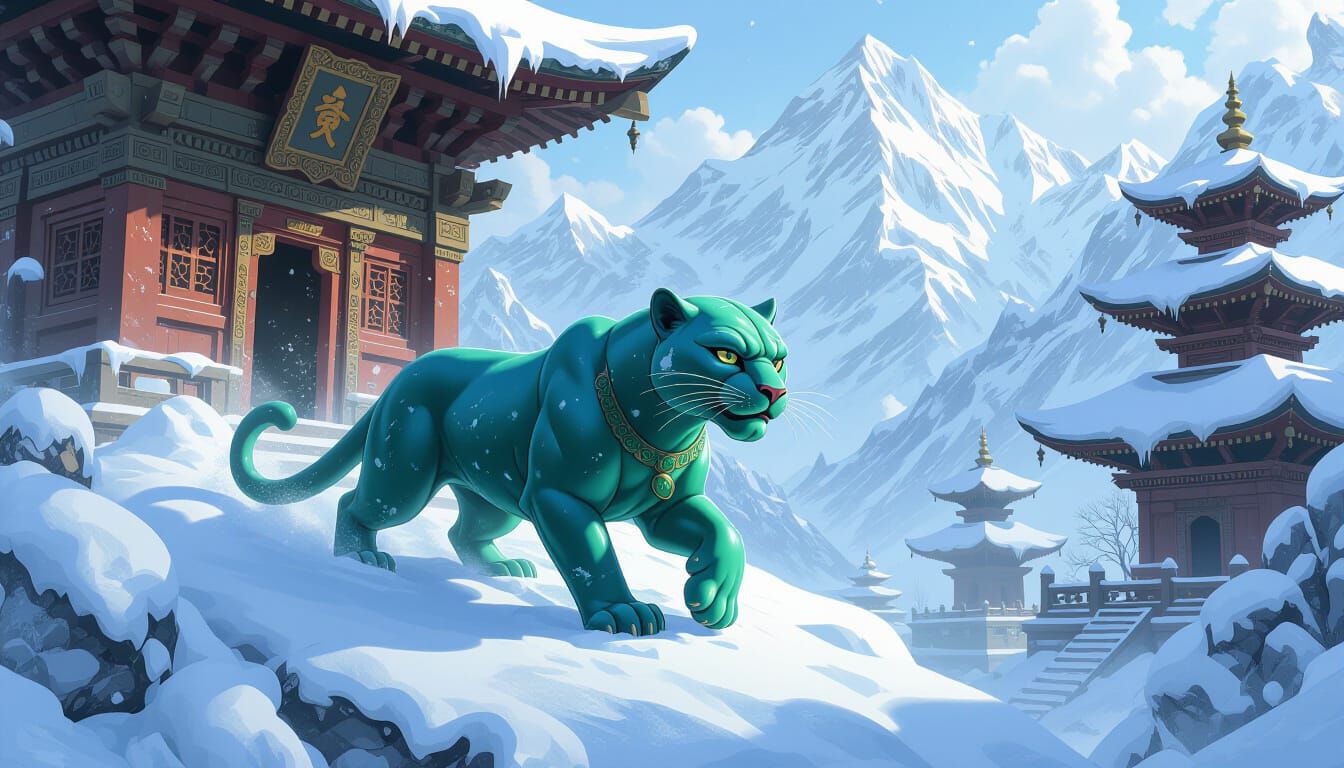 Jade Panther Sculpture in Snowy Nepalese Temple