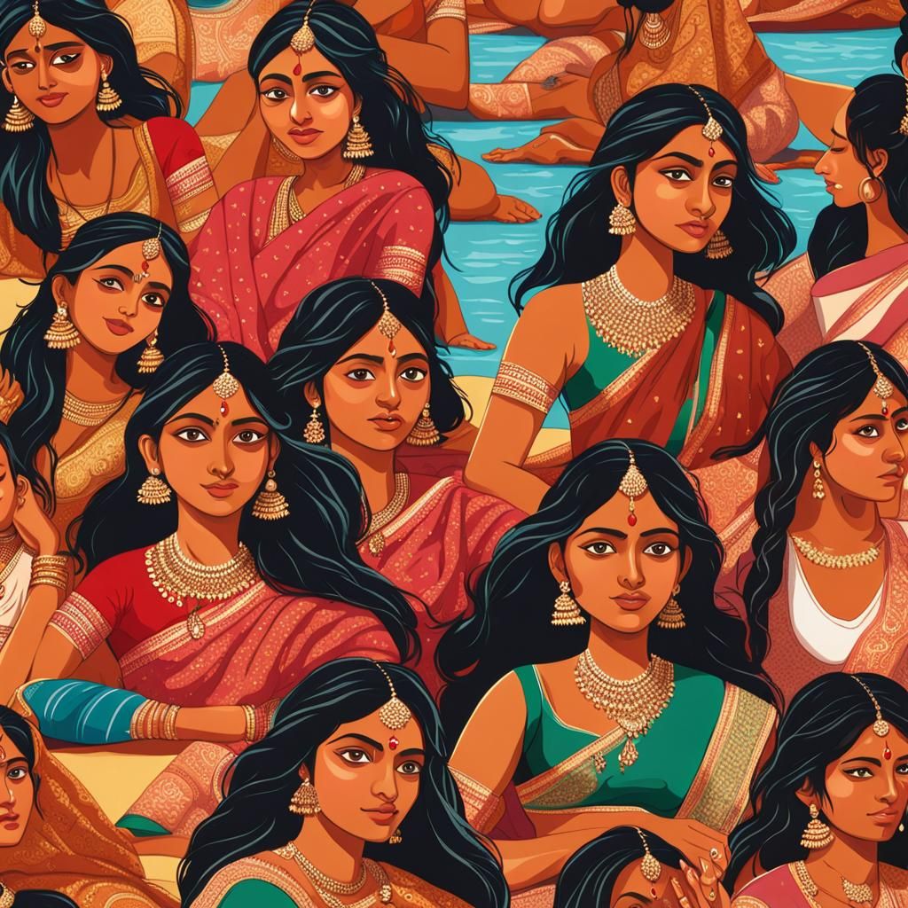 Indian Girls Relaxing on Beach Mats