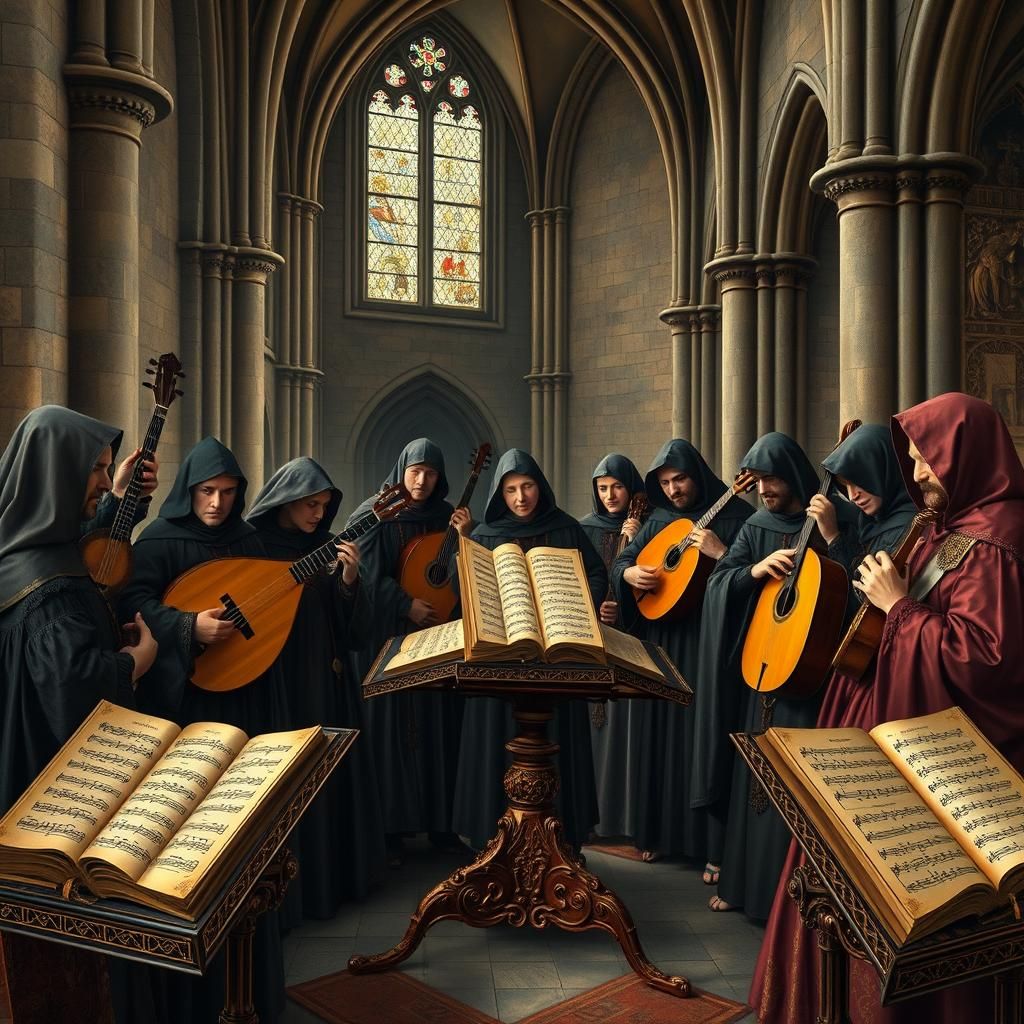Medieval Musicians Playing in Cathedral, Northern Renaissanc...