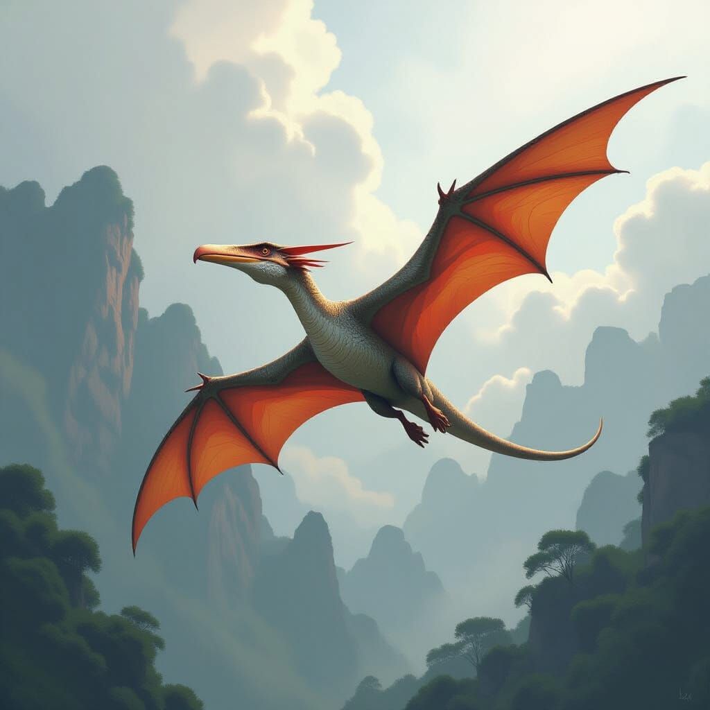 Prehistoric Pterodactyl Soaring in Atmospheric Art Nouveau S...