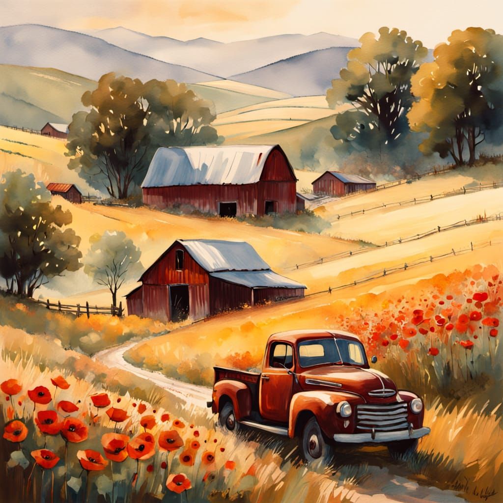 Poppy Field Farm at Daybreak in Impressionistic Style