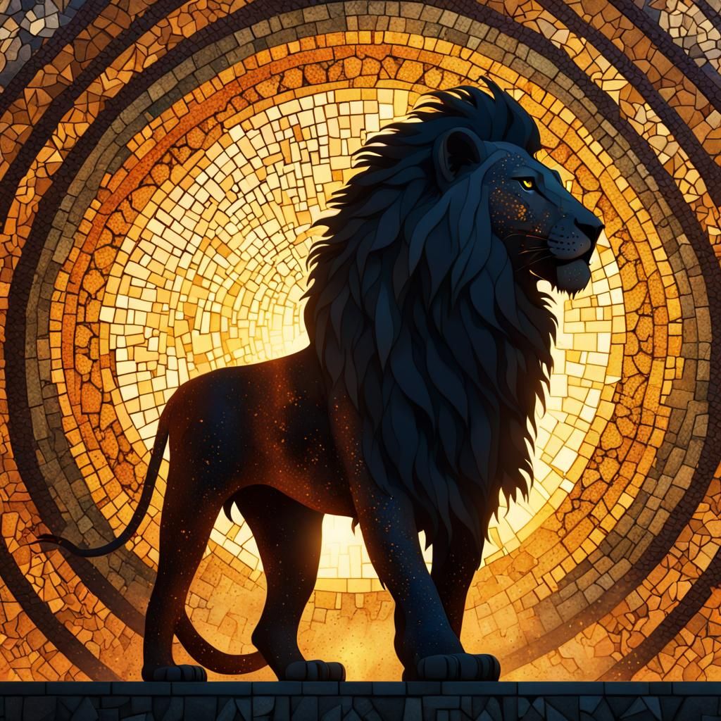 Lion Silhouette with Mosaic Sun Backdrop