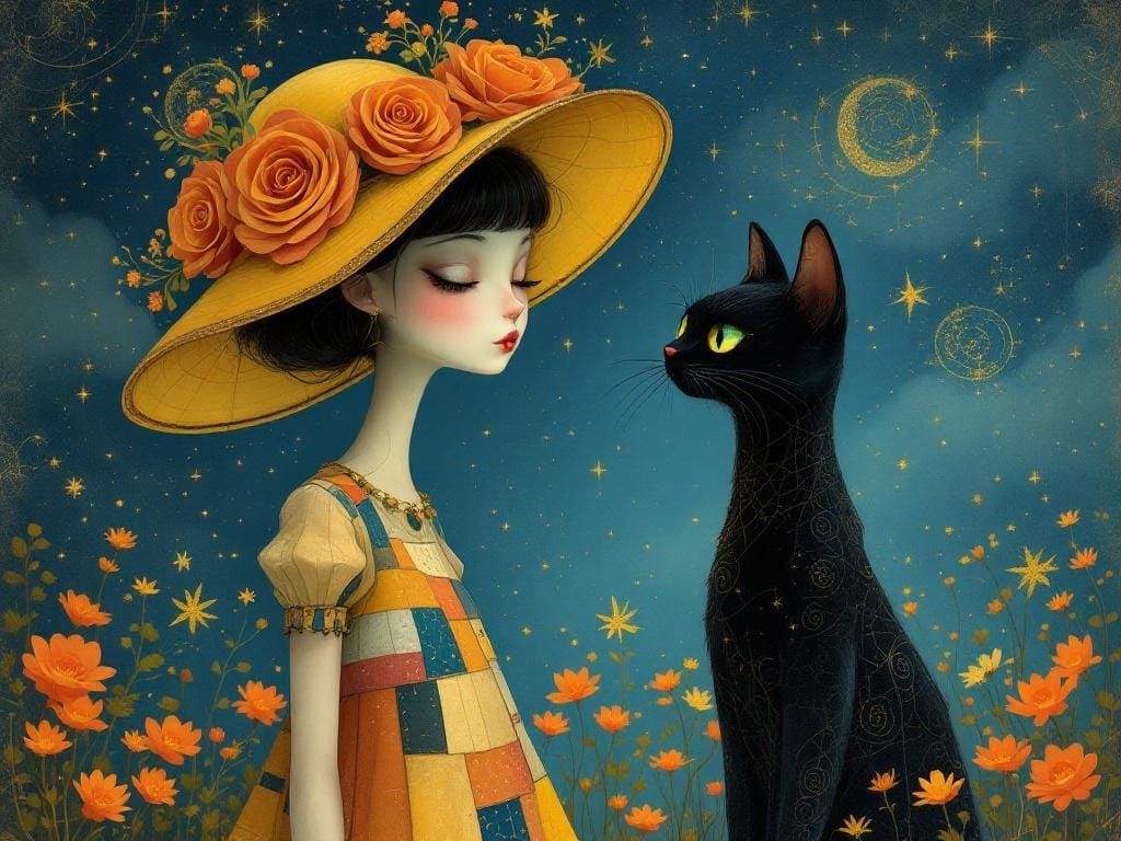 Dreamlike Woman and Cat in Starry Celestial Scene