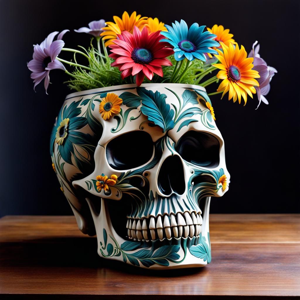 Skull Flower Pot on Wooden Table