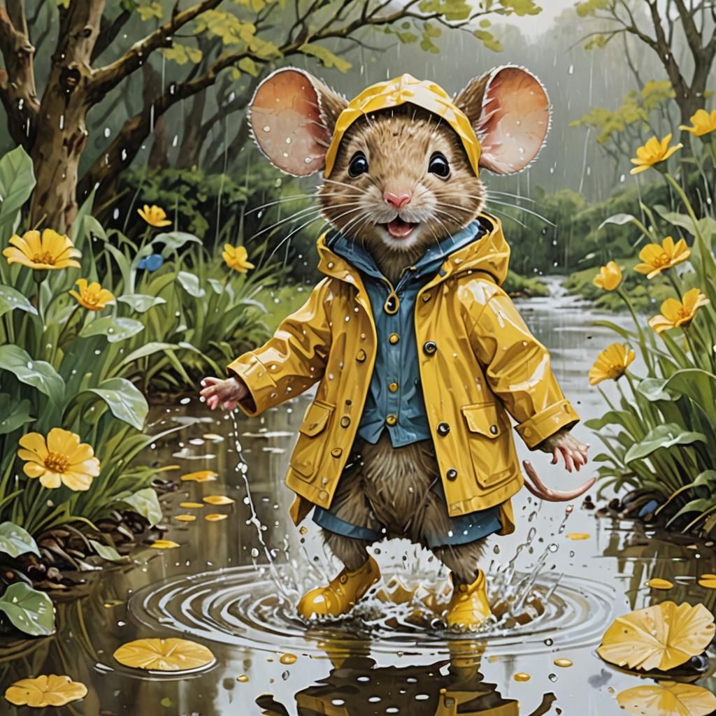 Mouse in Raincoat Jumping in Puddles, Gouache Style