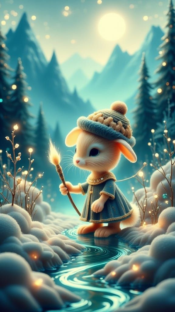 Animated Bunny Paints Turquoise Landscape, Whimsical Art