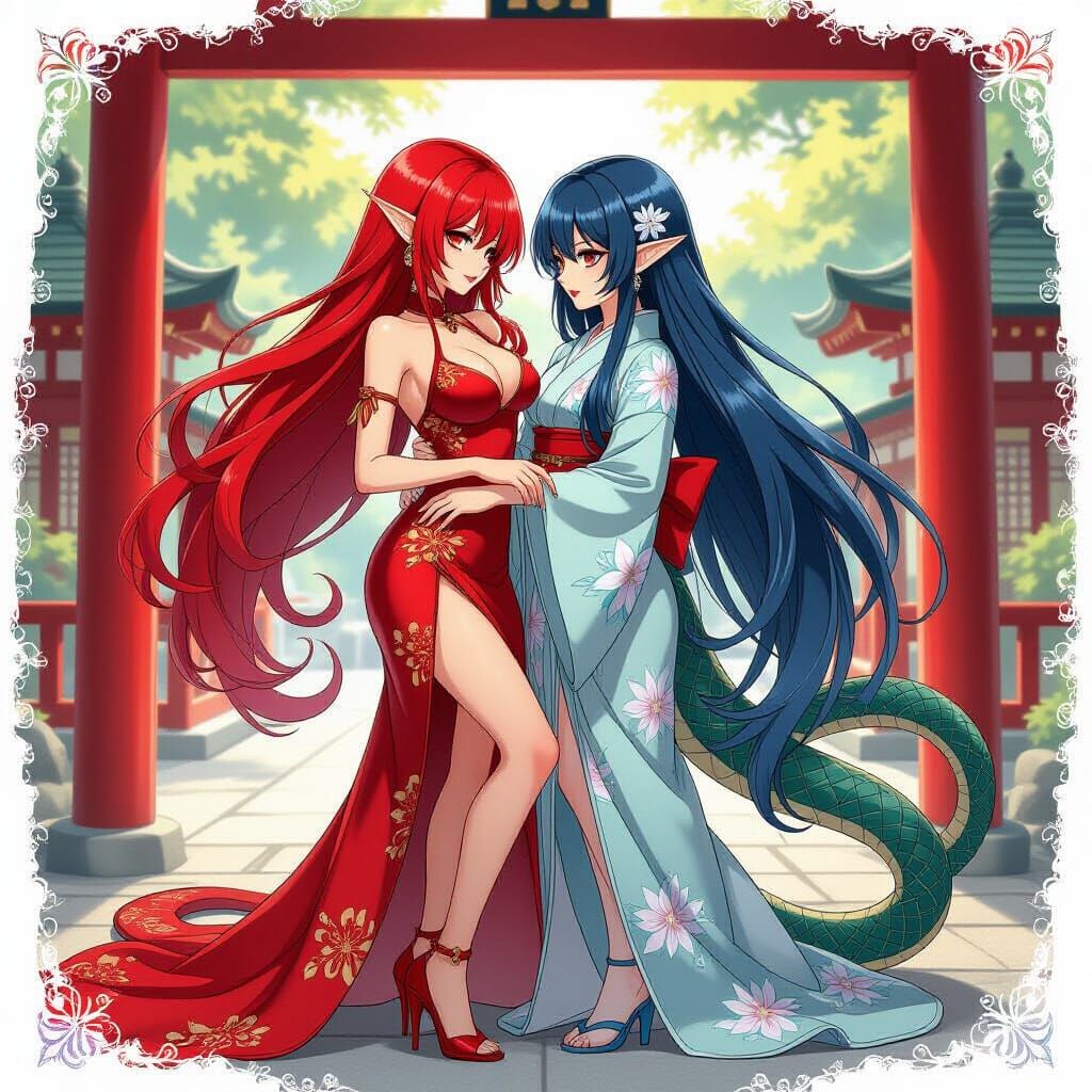 Anime Snake Demon and Lizard Fairy Embrace at Shrine