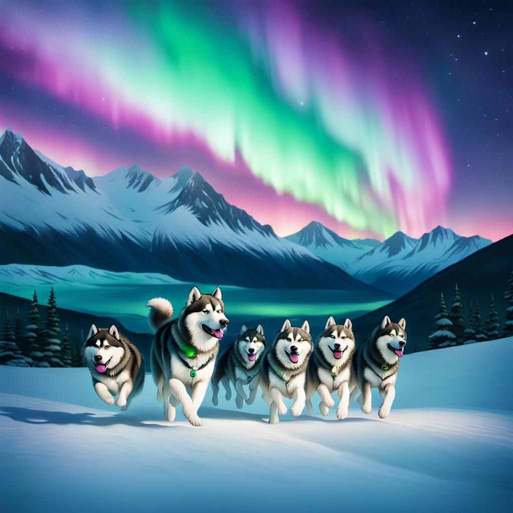 Alaskan Malamutes Run Under Aurora Borealis