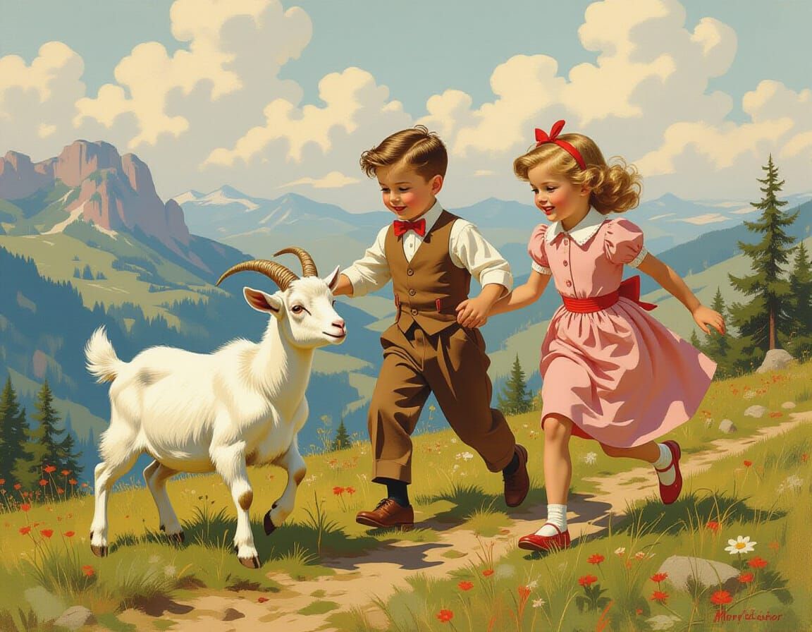 Children Chase Whimsical Goat in Vibrant Landscape