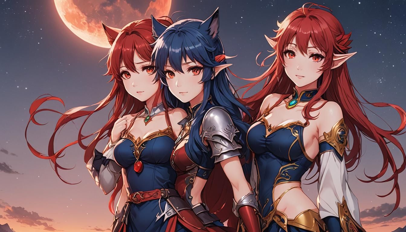 Anime Wolf Girl and Elf Girl at Sunrise