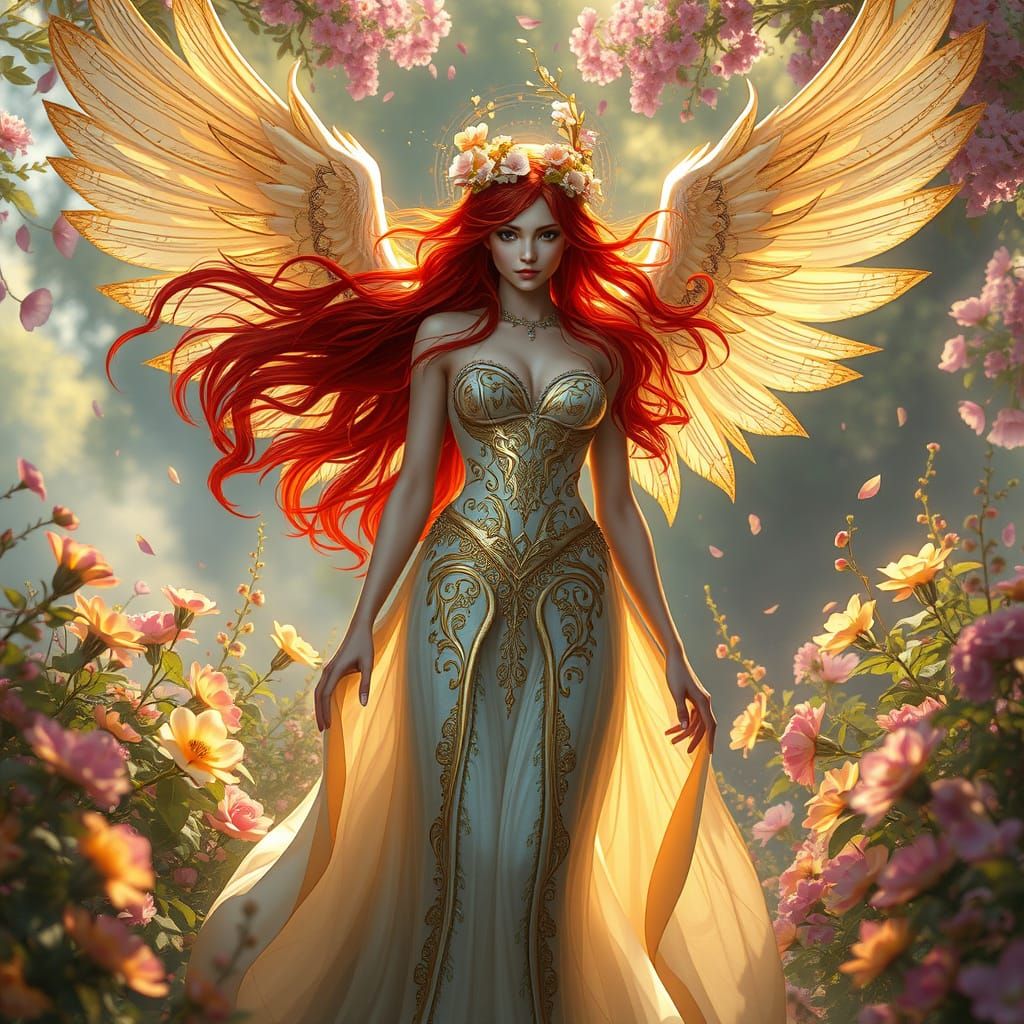 A celestial being with radiant red hair cascades around her, flowing like fire in the breeze. She stands gracefully in a...