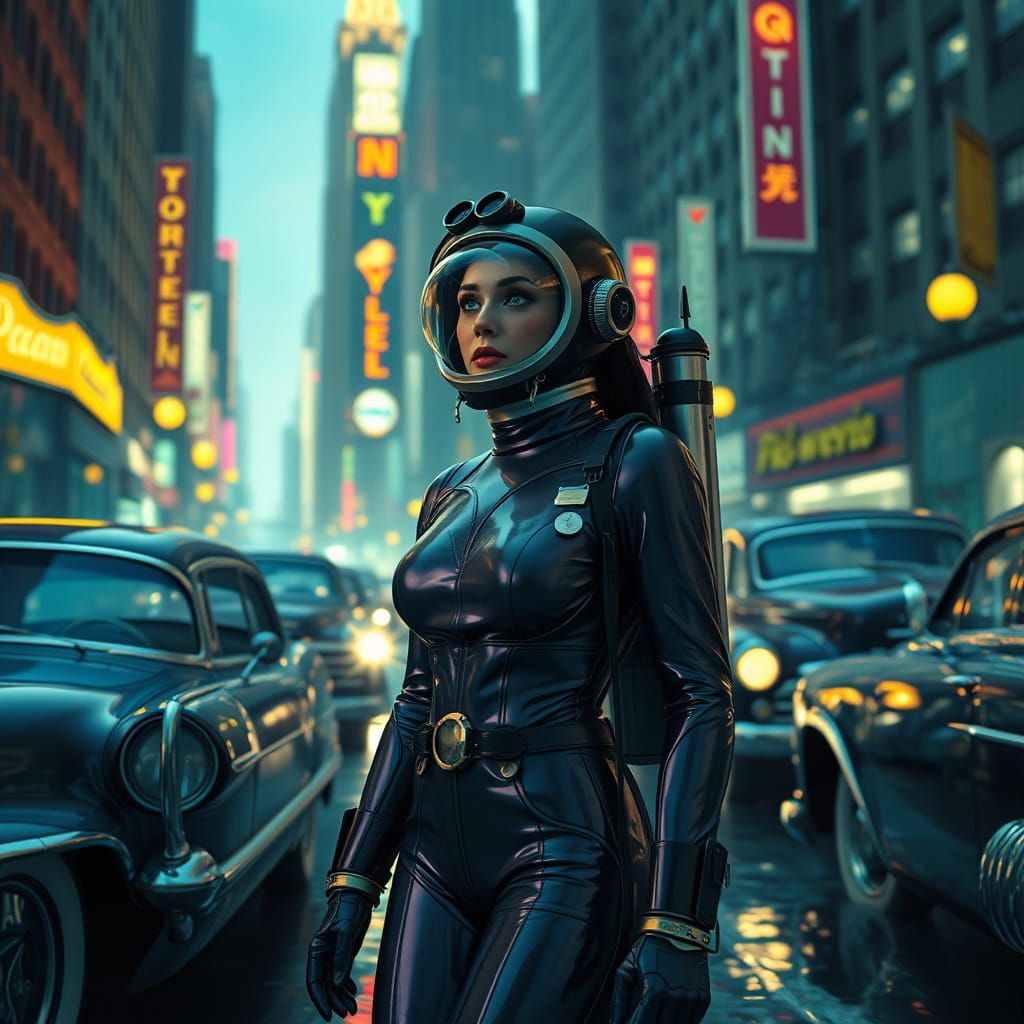Submerged 1950s New York in Retro-Futuristic Style