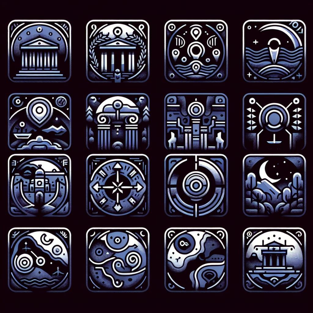 Minimalist Map Icons of Ancient Greek Landmarks