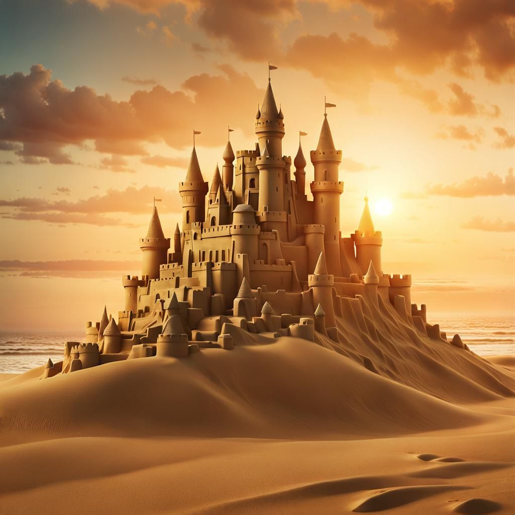 Hyperrealistic Sandcastle at Sunrise: Cinematic Film Still