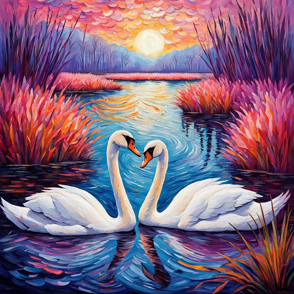 Swans in Lake: Neo-Impressionist Oil Painting