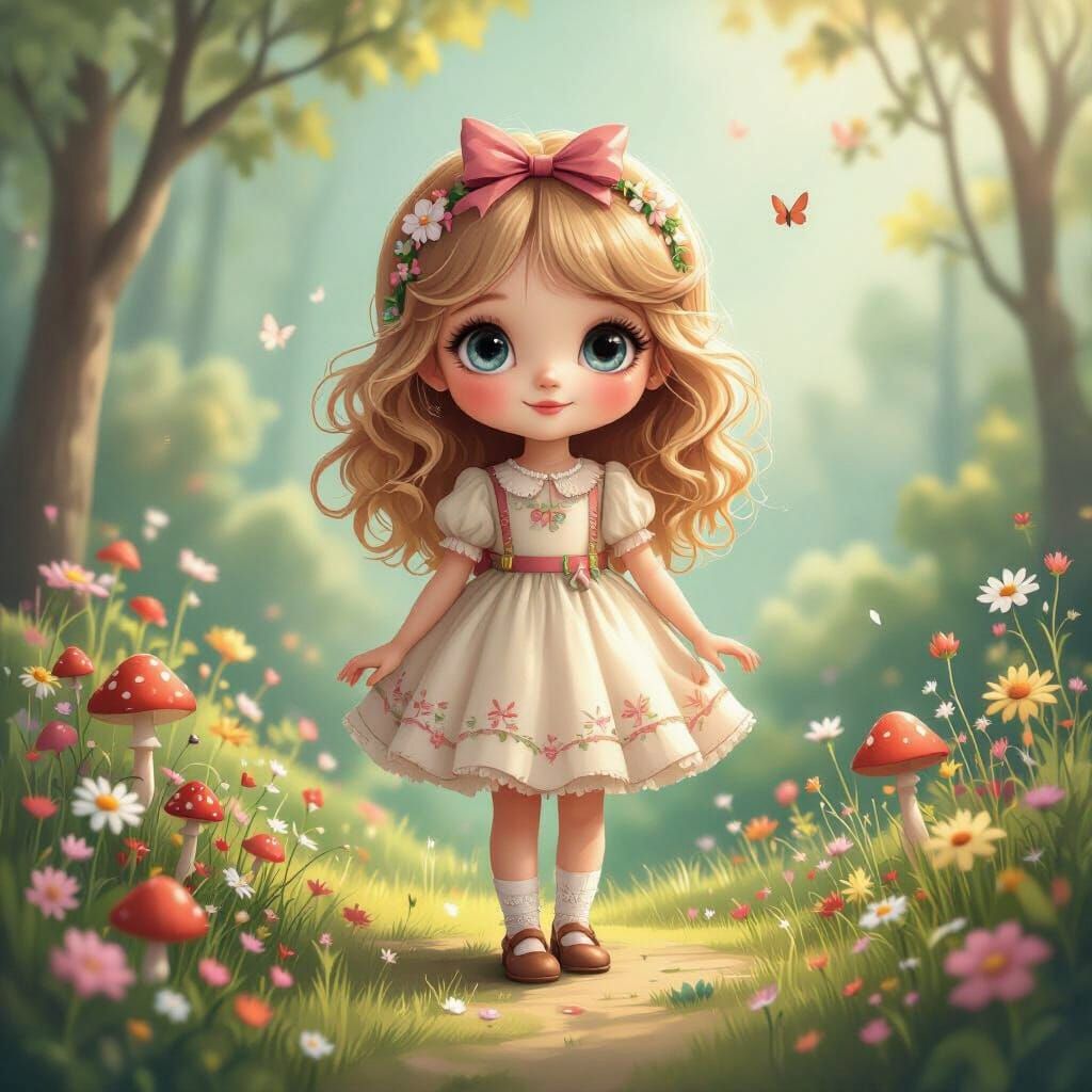 Porcelain Doll Girl in Vibrant Fairytale Landscape