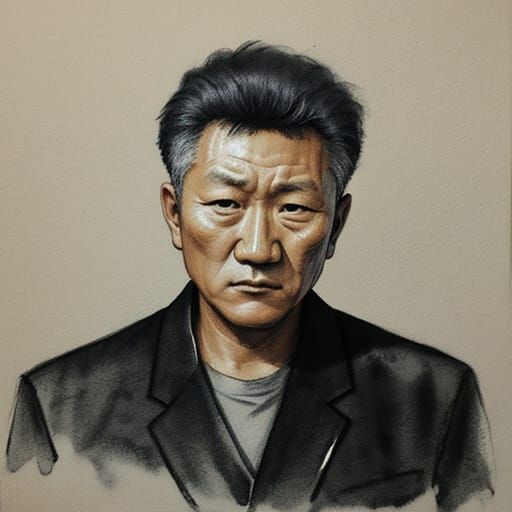 Japanese Realist Loose Charcoal Sketch with Inkwash