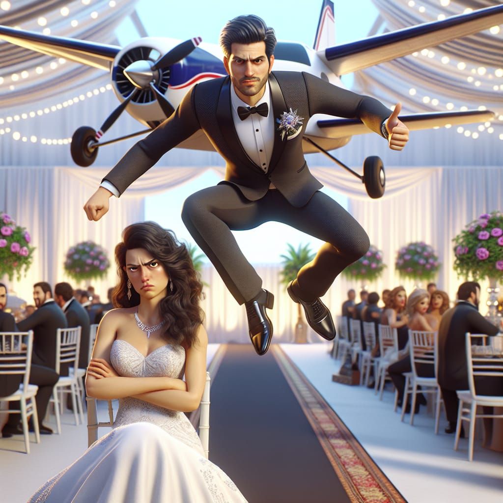 Disney Pixar style 3D handsome groom, jumping from a plane i...