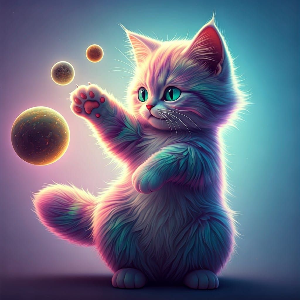 Gigantic Cat Playfully Knocks Planets Around in Vibrant Cosm...