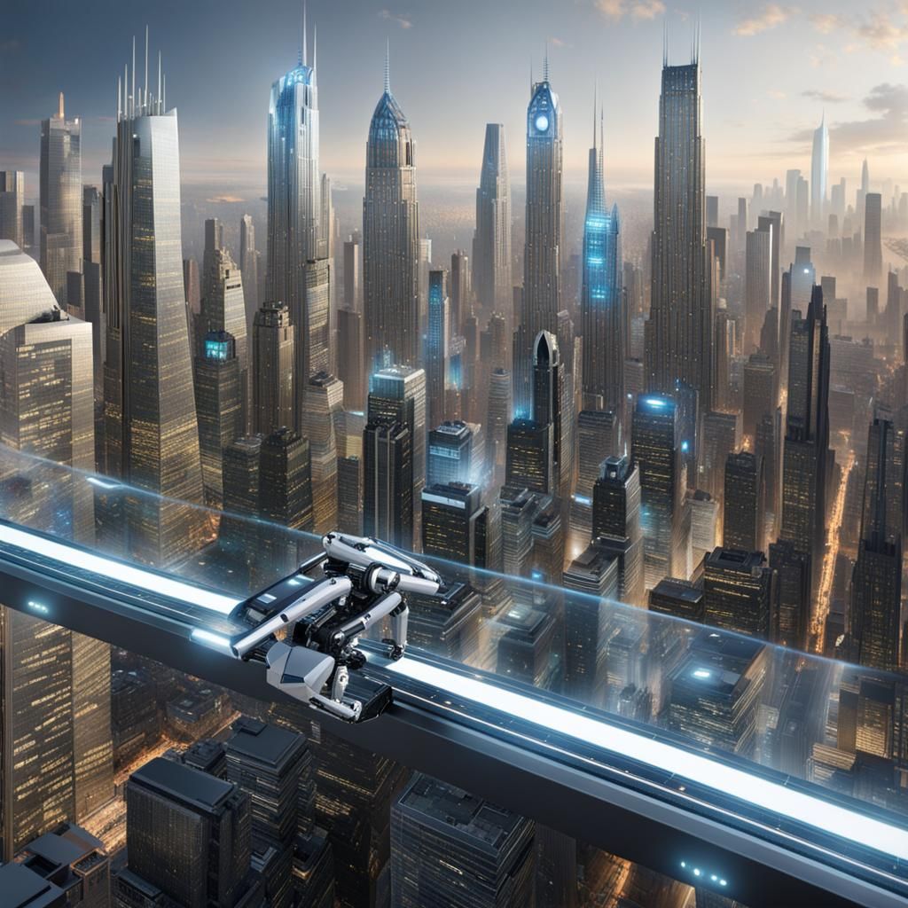 Futuristic Cityscape with Robotic Workforce in Cyberpunk Sty...