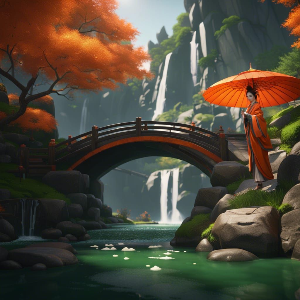 Geisha with Orange Umbrella in Mountain Landscape