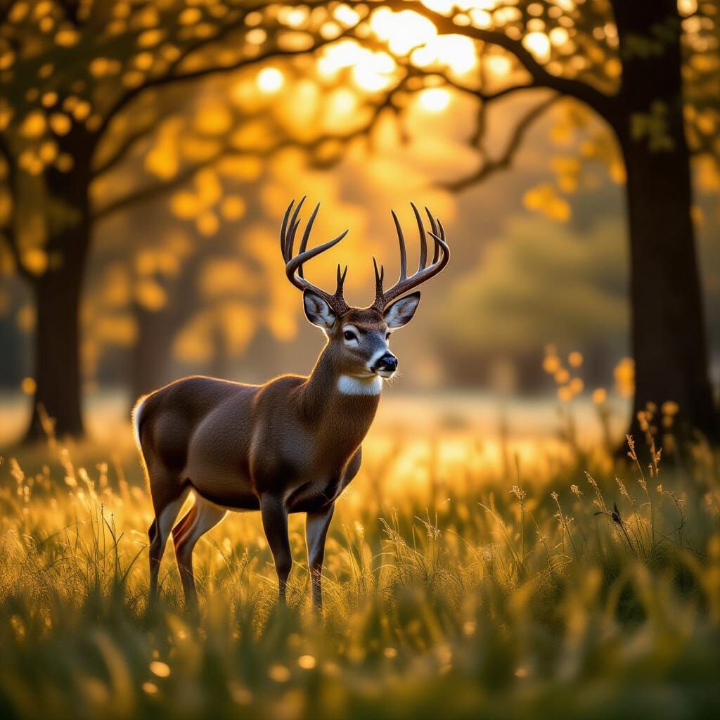 Majestic Buck Deer in Sunlit Forest Clearing