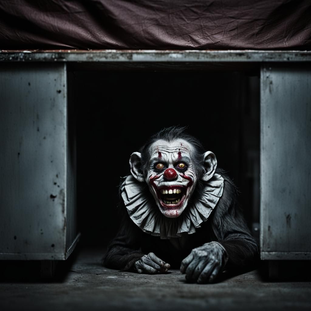 Grinning Zombie Monkey Clown Hiding Under Bed