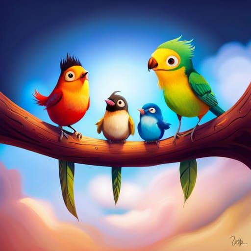 Cute Birds on Branch in Storybook Style