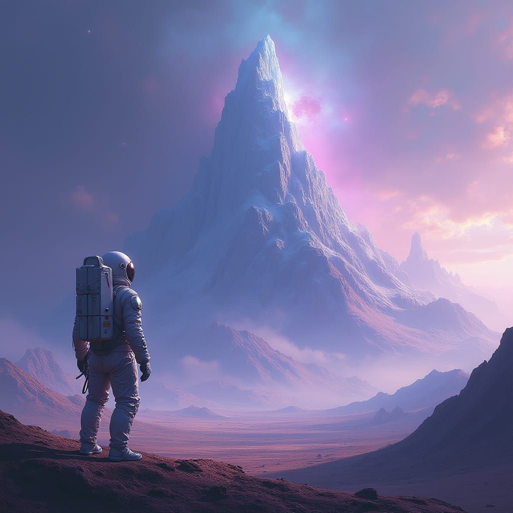 Astronaut Gazes at Crystalline Mountains on Alien Planet