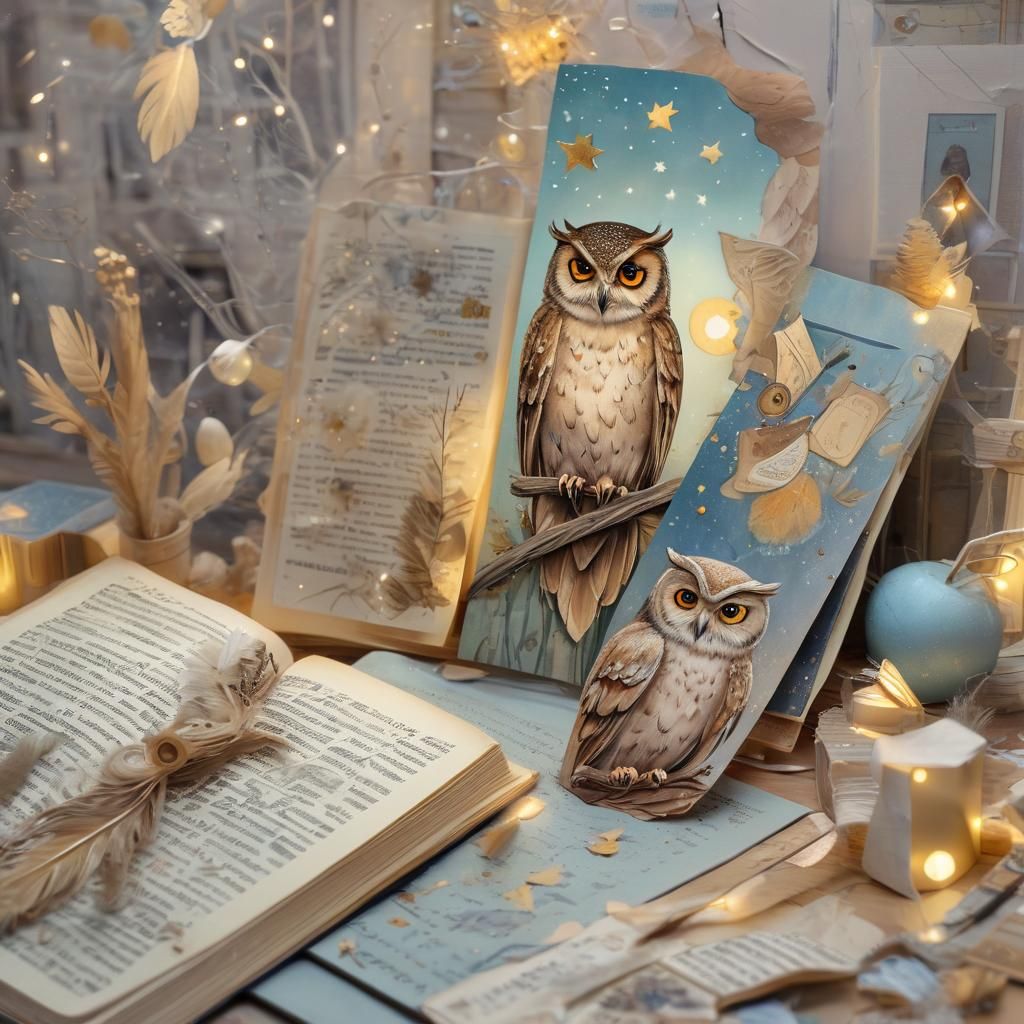 Whimsical Owl and Book Illustration with Golden Accents