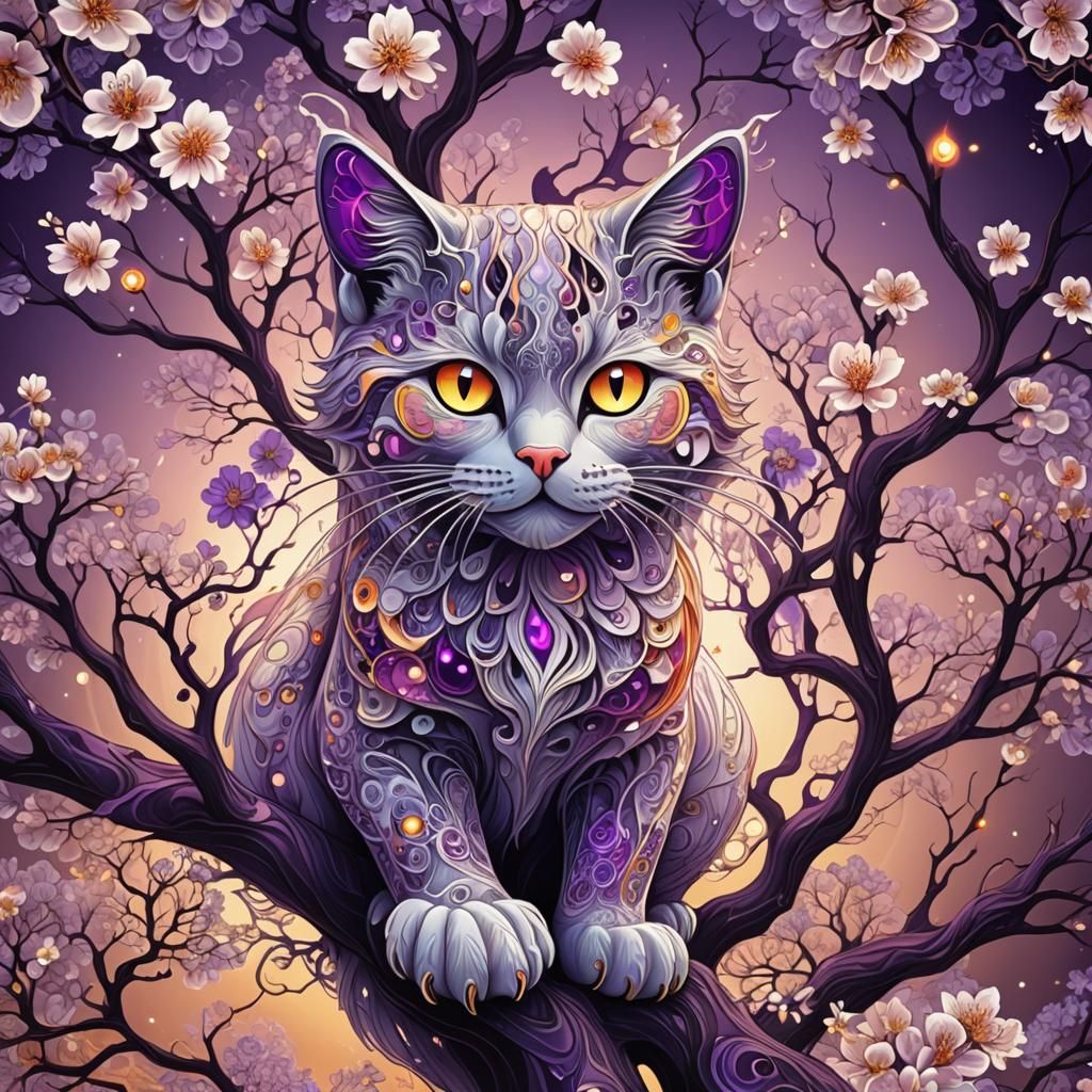 Cherry Blossom Tree with Ghost Cat and Neon Aura